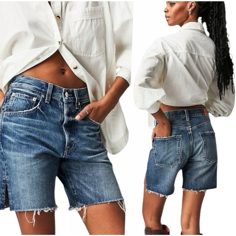 EDWIN Cai Jean Shorts Size 34 Denim 7" Cove Blue Distressed Slit 100% Cotton NWT